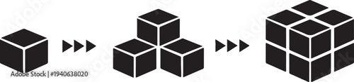 Cube multiplying icon representing growth, duplication, data expansion, 3D blocks and scalable systems.