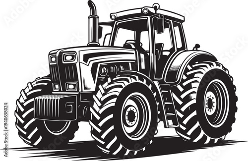 Powerful black tractor illustration, heavy farm machinery with large tires and detailed grill