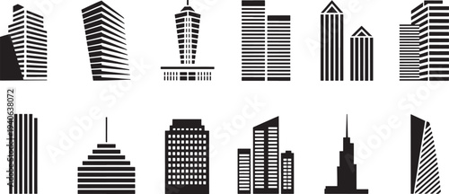 Collection of modern city skyscraper building silhouettes, architectural designs on checkered background