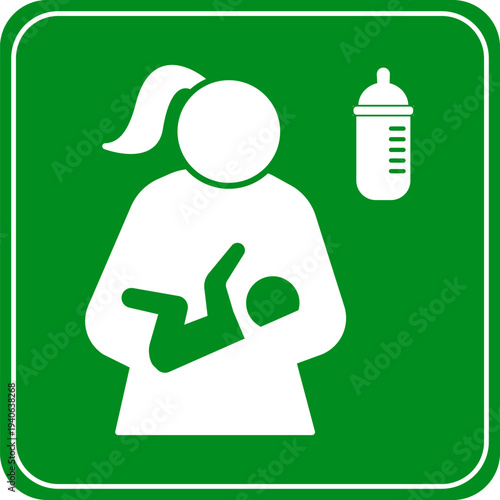 Mother breastfeeding baby icon simple flat vector symbol for nursing room or baby care isolated on green background