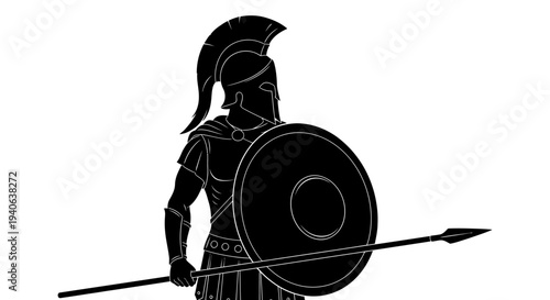 Black Silhouette of an Ancient Greek Spartan Warrior with Helmet, Shield, and Spear Vector Illustration on White Background