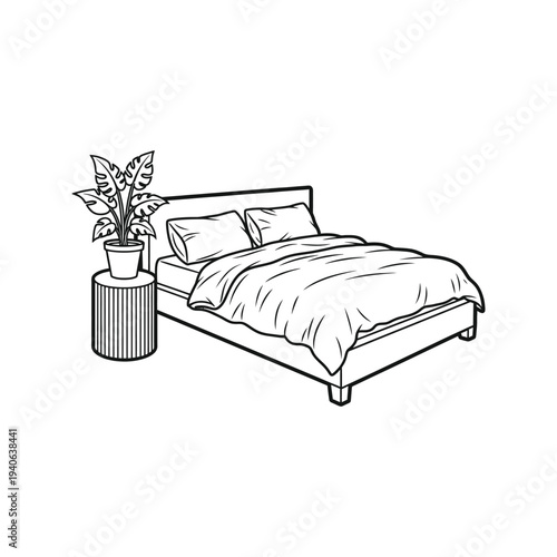 Bedroom furniture icons set including beds pillows and nightstands.