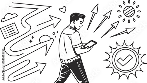 A man using a mobile phone surrounded by various doodle style icons and directional arrows