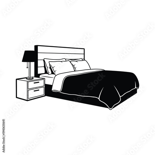 Bedroom furniture illustration with bed and nightstand and lamp.
