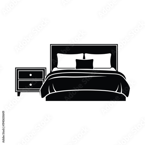 Bedroom furniture illustration with bed and nightstand and lamp.