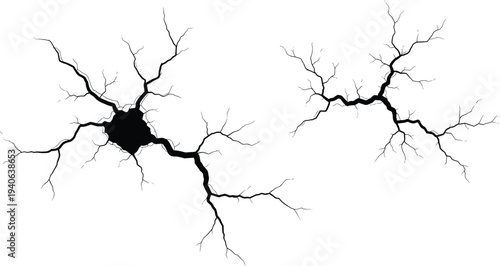 Neuron silhouette illustration, black dendrites and axons, neuroscience concept, brain cell structure, medical biology diagram, nervous system connectivity visualization