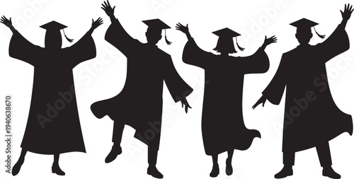 Four happy graduates in cap and gown silhouette vector illustration, celebrating achievement