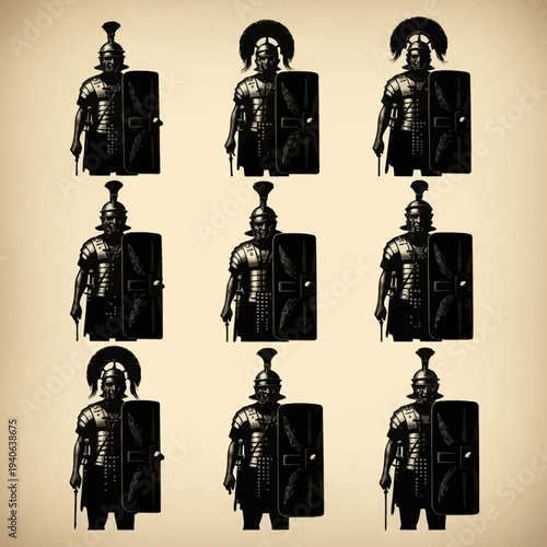 Set of 9 Roman Centurion Warrior Vector Illustrations with Shields and Helmets, Depicting Ancient Military Figures in Dark Tones for Historical and Educational Projects