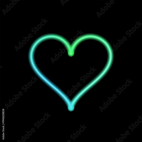 An electric neon heart outline shining brightly with a cool gradient of green and blue light