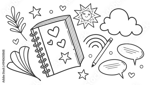 A whimsical doodle illustration featuring an open notebook with surrounding decorative elements