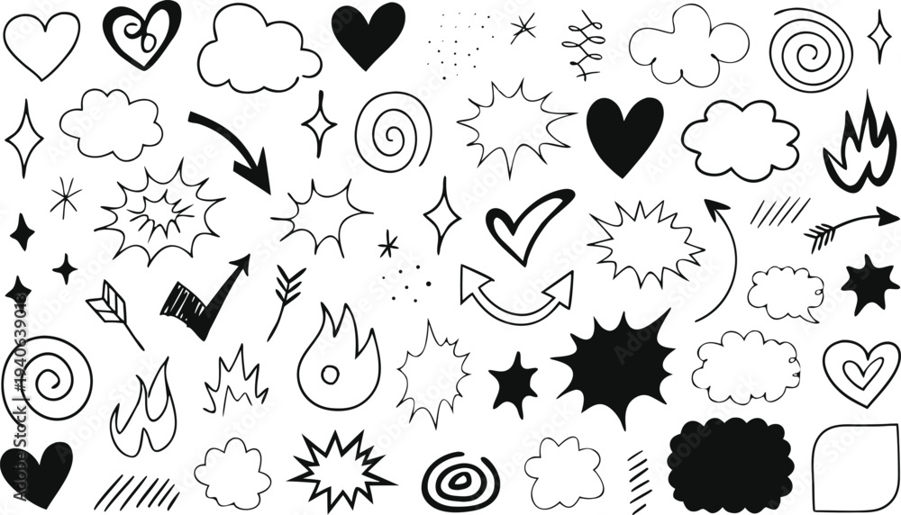 Fototapeta premium Collection of hand drawn doodle elements including hearts stars clouds and abstract shapes