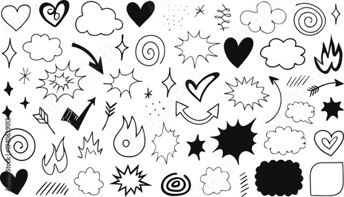Collection of hand drawn doodle elements including hearts stars clouds and abstract shapes