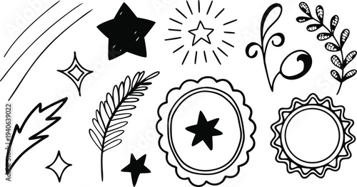 Collection of hand drawn black and white celestial and botanical doodle elements