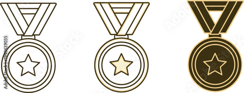 Vector illustration of three medal designs with star symbols and varying line styles