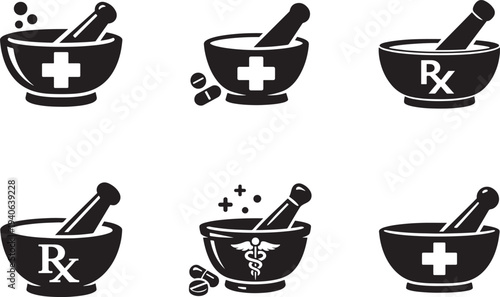 Pharmacy icon set with mortar and pestle sign vector for medical website, mobile app and UI design.