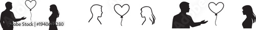 Romantic boy giving heart balloon to girl icon set. Cute love couple vector symbols for Valentine themes.