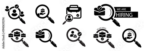 Human Resources Recruitment Icons Collection – Hiring Process, Candidate Search, Resume Review, Job Interview, Employee Selection, Talent Acquisition and HR Management Vector Icon Set