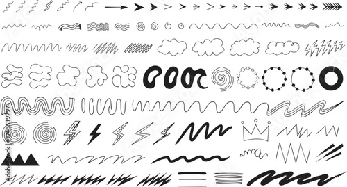 Collection of hand drawn doodle elements including lines waves clouds and geometric shapes