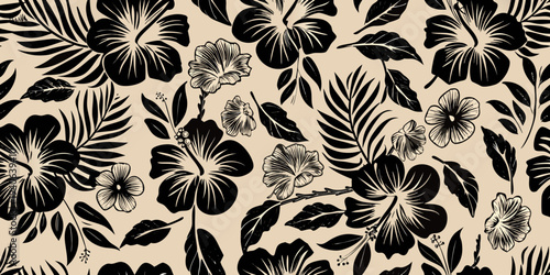 Seamless pattern of tropical hibiscus flowers and lush green foliage