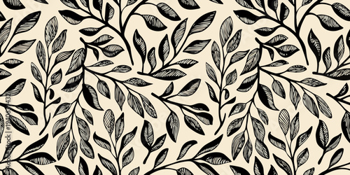 Elegant black and white botanical illustration of delicate leafy branches