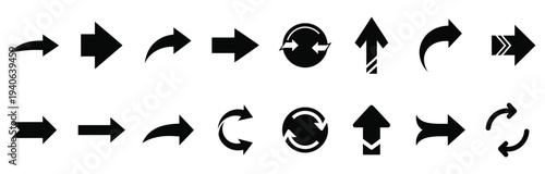 A collection of 14 black arrow icons on a white background various shapes and directions symbolizing movement and direction