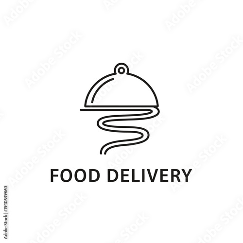 Food delivery service, simple line art cloche icon, hot meal with steam, vector