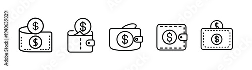 Wallet and dollar coin outline icon set featuring money purse and cash for financial savings and payment transaction for business and more vector illustration or editable stroke