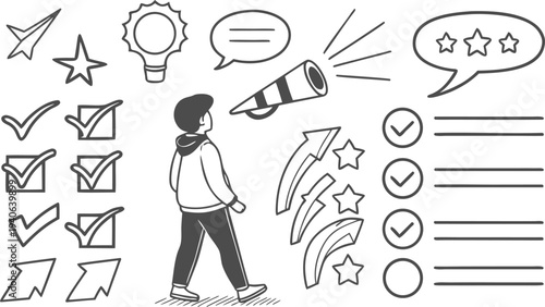 A hand drawn illustration depicting communication ideas and achievement with various doodle elements