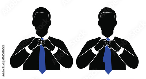 Two men adjusting ties mirrored image in stark black silhouette