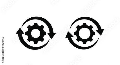 Two circular gear icons with arrows a striking silhouette