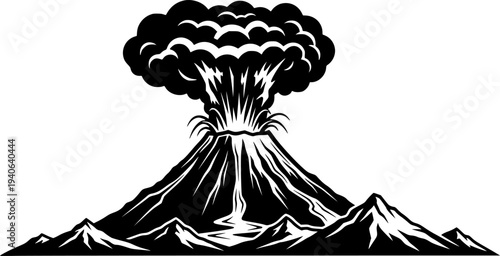Solid black silhouette of an erupting volcano, powerful explosion of ash and smoke from the crater mountain vector illustration.