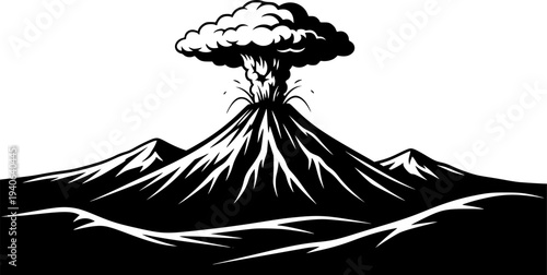 Solid black silhouette of an erupting volcano, powerful explosion of ash and smoke from the crater mountain vector illustration.