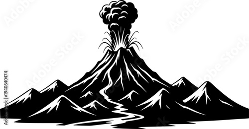 Solid black silhouette of an erupting volcano, powerful explosion of ash and smoke from the crater mountain vector illustration.