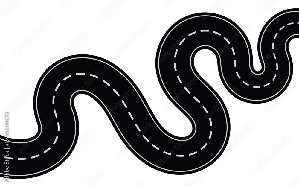 Obraz premium Winding road vector illustration, curved asphalt highway with dashed lines, journey and business path concept graphic.