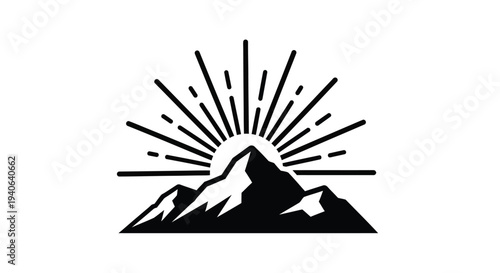 Mountain range with radiating lines forming a sunburst a striking silhouette