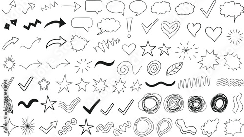 A collection of hand drawn doodles including arrows speech bubbles hearts and various shapes