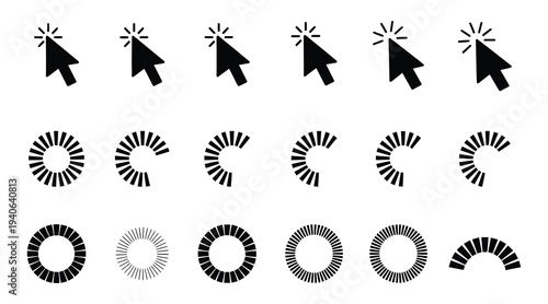 Collection of computer mouse cursor explosion and circular burst icons in various styles and designs for digital and graphic use
