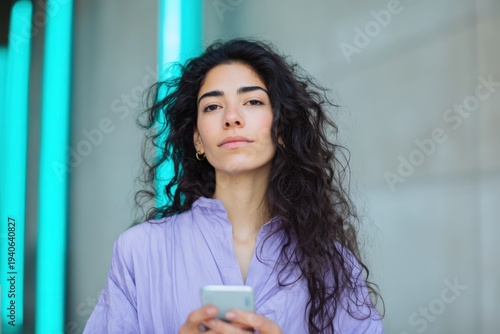 Young female caucasian adult serious pose with smartphone against neon blue lights female caucasian young smartphone serious portrait stylish independent