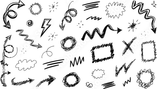 Collection of hand drawn doodle arrows lines shapes and starbursts on a white background