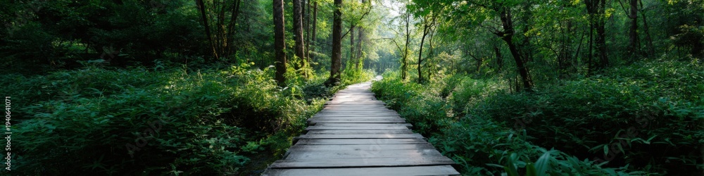 Obraz premium Wooden boardwalk path through sunlit forest panorama surrounded by ferns and lush greenery inviting peaceful nature walk perspective