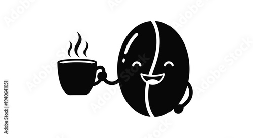 A happy coffee bean character holding a steaming cup silhouette