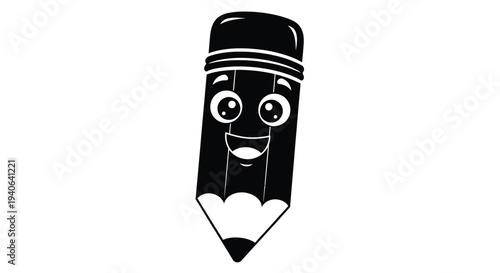 Adorable cartoon pencil with a smiling face black silhouette