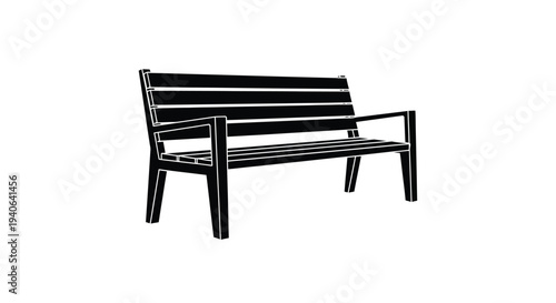 Simple park bench design rendered as a stark black silhouette