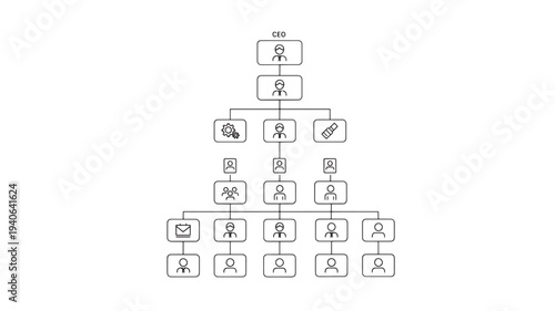 Corporate Hierarchy Structure in Simple Line Art Style with Minimalistic Design in Black and White Color on White Background for Business Organization Charts