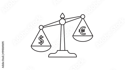 Balance scale with dollar and euro symbols in simple line art style on white background for finance and currency exchange