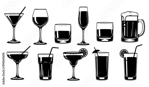 Alcoholic Drink Glass Icon Set Black and White Vector Cocktail and Bar Symbols Isolated on White