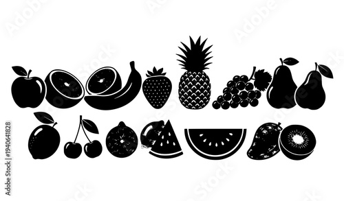 Mixed Fruit Silhouette Vector Set Black Fruit Icons Lineup Isolated on White