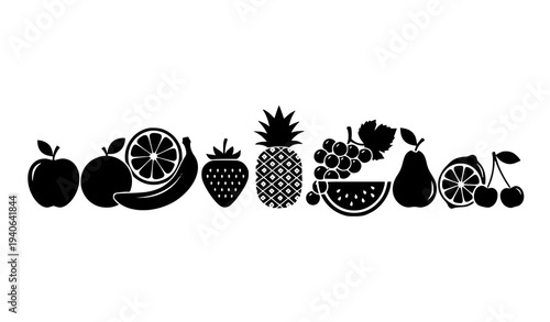 Minimal Fruit Silhouette Vector Icon Set Black Food Symbols Lineup Isolated on White