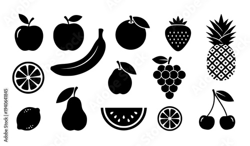 Fruit Silhouette Icon Set Bold Black Vector Food Symbols Isolated on White Background