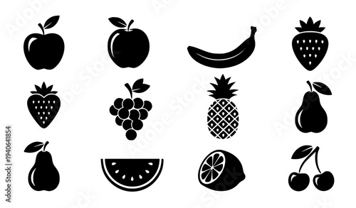 Modern Fruit Silhouette Vector Icon Collection Black Food Symbols Isolated on White